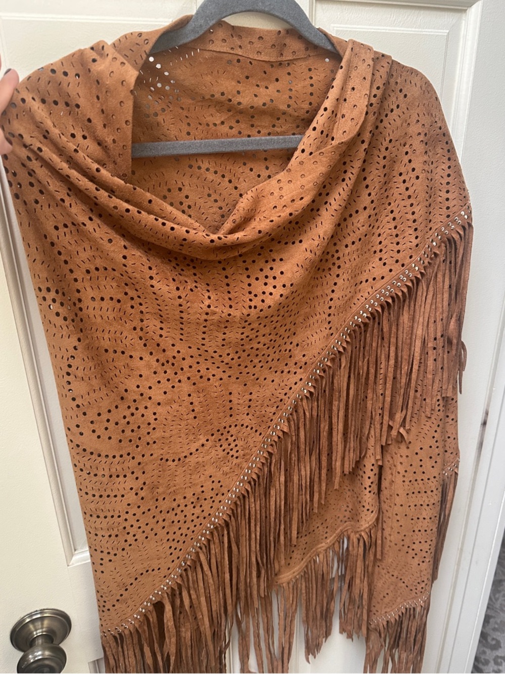 Fringed Perforated faux Suede Shawl - Brown Beautiful Detail